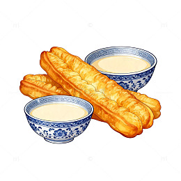 手绘油条豆浆美食插画