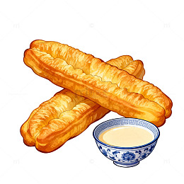 手绘油条豆浆美食插画
