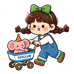 卡通小女孩推玩具车