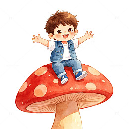 童趣卡通小男孩蘑菇插画