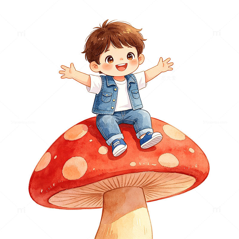 童趣卡通小男孩蘑菇插画
