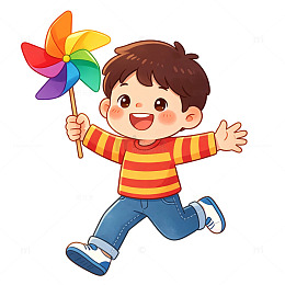 卡通欢乐男孩风车插画