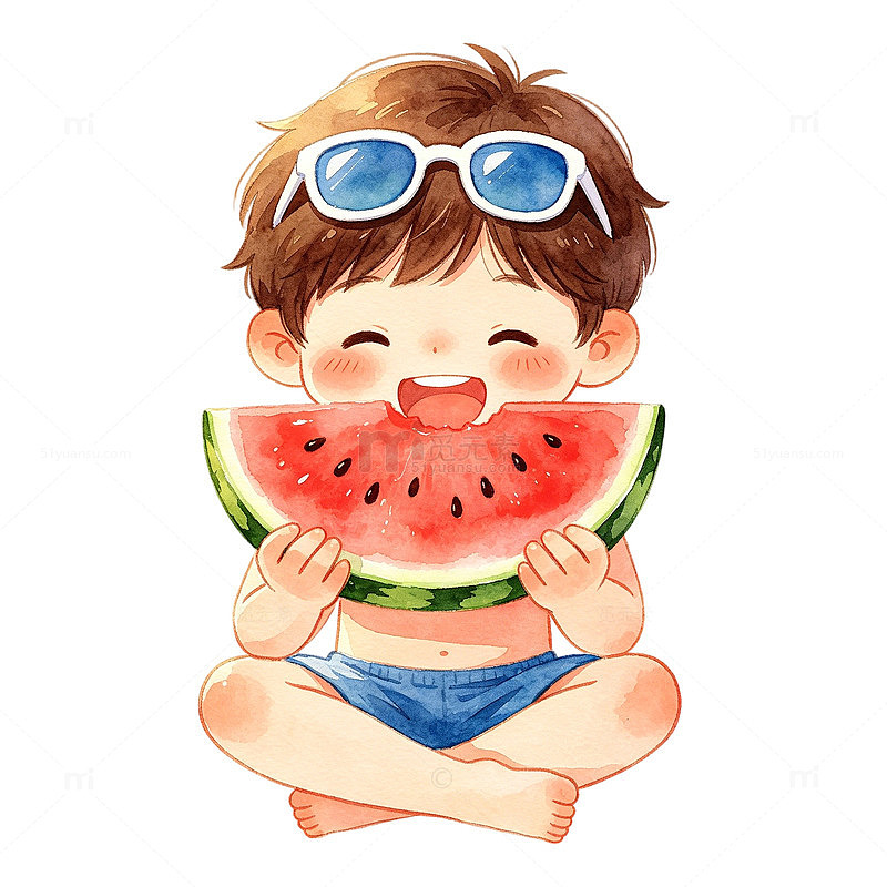 夏日童趣吃西瓜插画