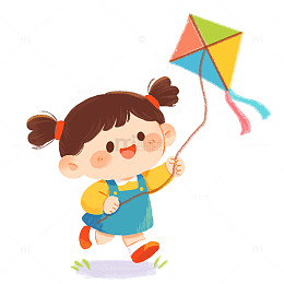 手绘放风筝的小女孩