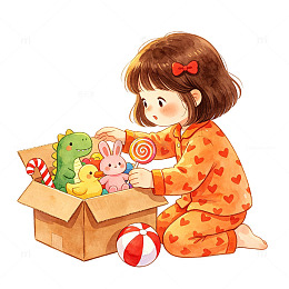 卡通女孩玩具箱插画素材
