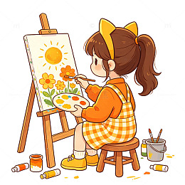 卡通少女绘画阳光花卉