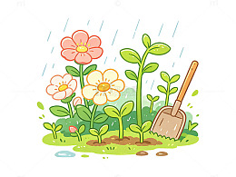 卡通花卉雨中小铲子插画