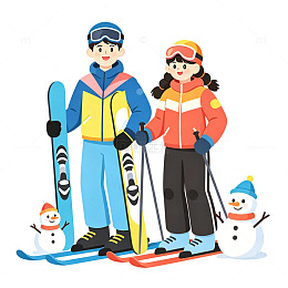 卡通风滑雪度假情侣人物插画素材免扣元素