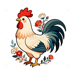 卡通公鸡插画花卉装饰素材