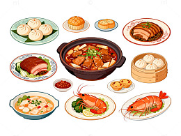 中式美食插画风格美食拼盘设计素材