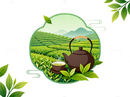 茶园风光茶具插画设计图