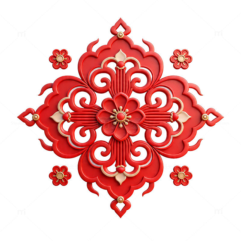 红色剪纸风格花卉图案设计