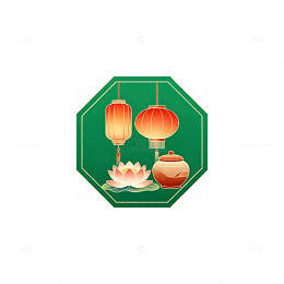 绿色八边形灯笼荷塘图案设计