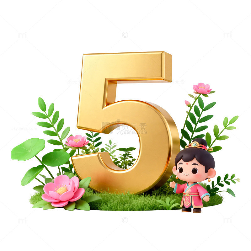 金色数字与花草卡通人物装饰