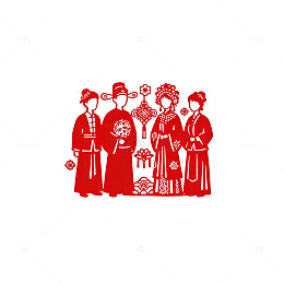 剪纸风格中国传统婚礼人物图案