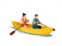 卡通风划船情侣插画