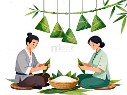 传统端午节包粽子插画素材