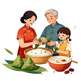 卡通家庭端午节包粽子插画