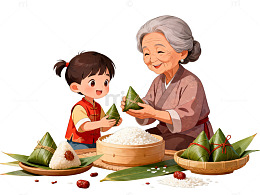 温馨端午包粽子卡通插画