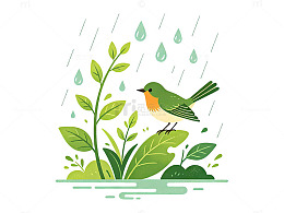 卡通风雨中小鸟植物插画