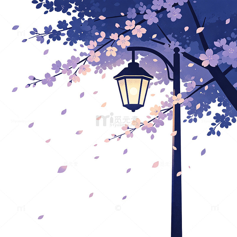 夜景路灯卡通扁平元素落花