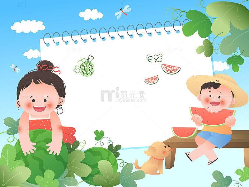 夏天小孩戴草帽采摘吃西瓜儿童边框背景插画