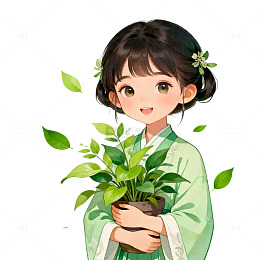古风少女盆栽插画设计素材