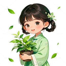 古风少女绿植插画