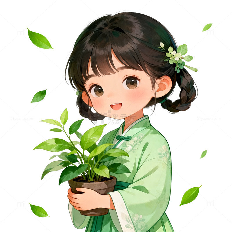古风少女绿植插画