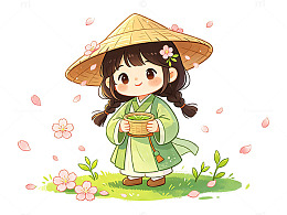 卡通春日赏花小女孩插画