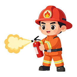 卡通消防员使用灭火器