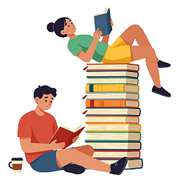两人阅读堆叠书籍场景
