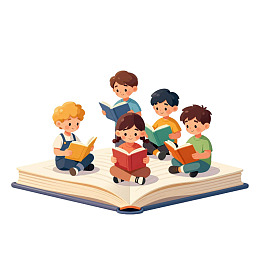 五个孩子在大书上阅读