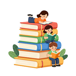 三个孩子在书堆上阅读