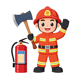 卡通消防员手持斧头和灭火器
