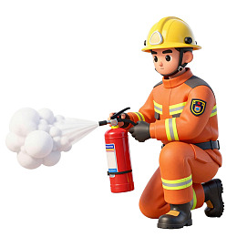 消防员使用灭火器扑灭火焰