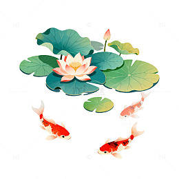 水墨荷花锦鲤卡通插画