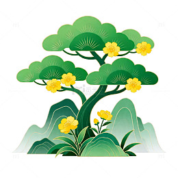 绿色中国风松树花卉插画