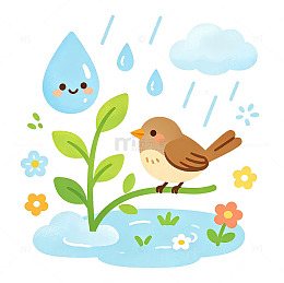 卡通春雨小鸟插画设计素材