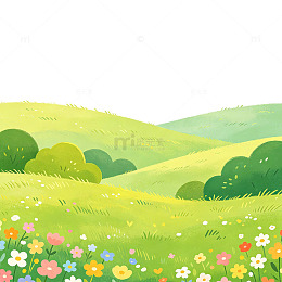 清新卡通春日草地灌木丛风光元素