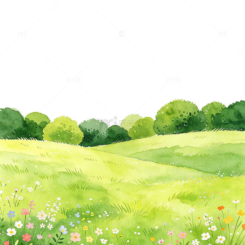 治愈水彩风春日风光草地花丛元素