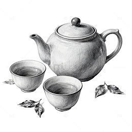 素描茶具静物绘画作品