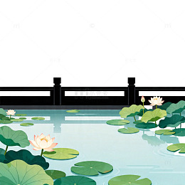 古典园林荷花池手绘插画