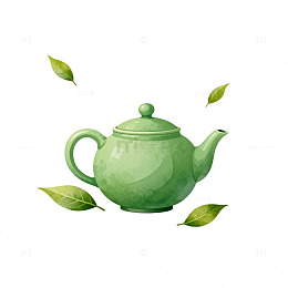 绿色茶壶与茶叶插画
