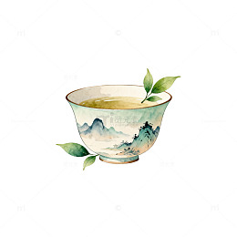 水墨山水茶杯手绘插画