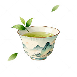 水墨山水画茶杯插画设计