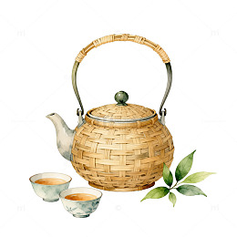 竹编茶壶水彩画
