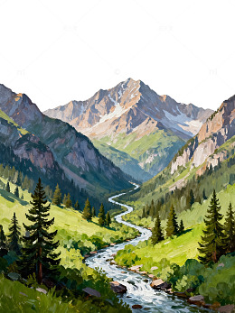 山水风景油画山谷溪流