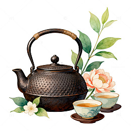 水墨风情茶壶与花卉图案
