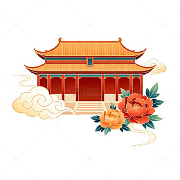 传统中国建筑花卉插画